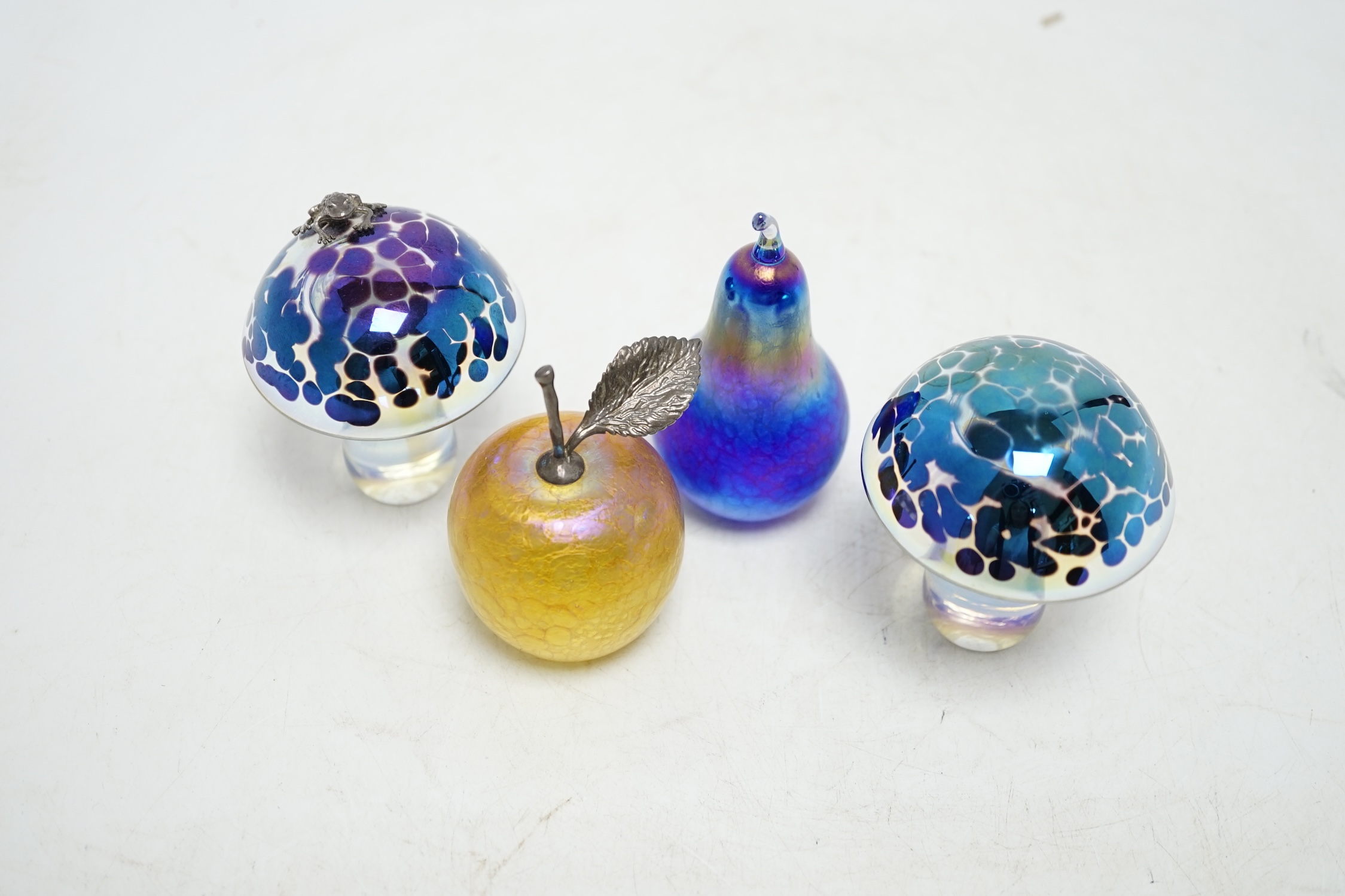 Four Glasform fruit and mushroom paperweights, including John Ditchfield design, tallest 9cm. Condition - good
